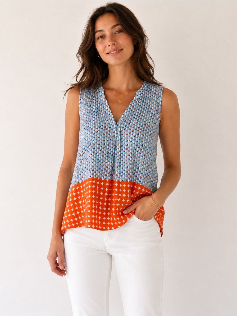 Boden Blue Patterned and Orange Colorblock Sleeveless V-Neck Top - Picture 1 of 7